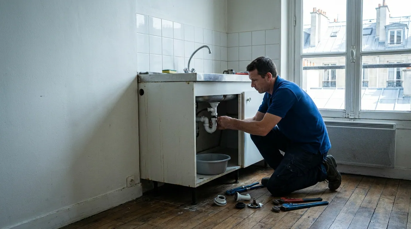Plombier au travail dans un appartement de la Nouvelle Athènes, Paris 9